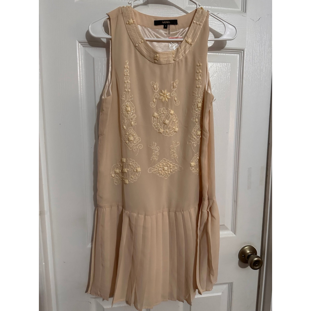 ARIEL Ivory Embroidered Flapper Dress Pleated Size Small Vintage Flapper Style